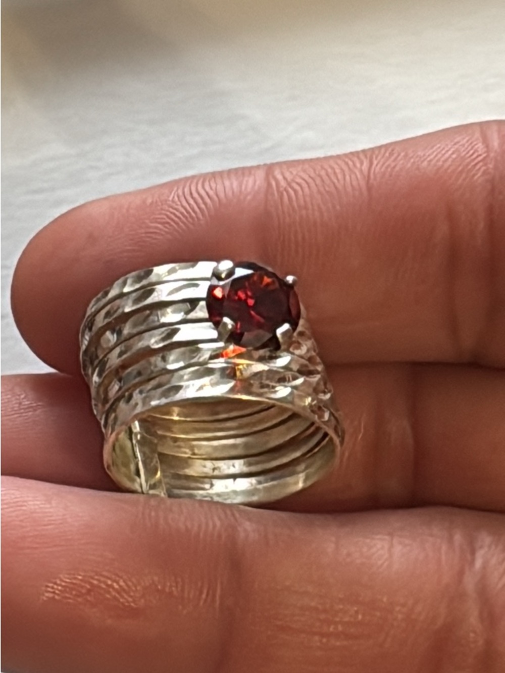 Sterling Silver Multi-Band Ring with Garnet Red Stone